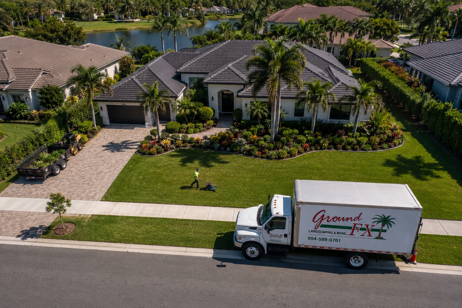 Aerial view of Ground FX truck and crew servicing a property