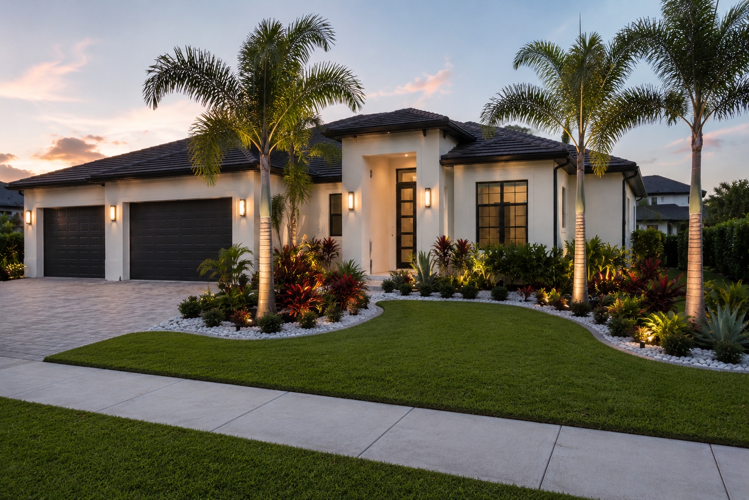 Enhanced estate landscape with manicured beds and paver driveway