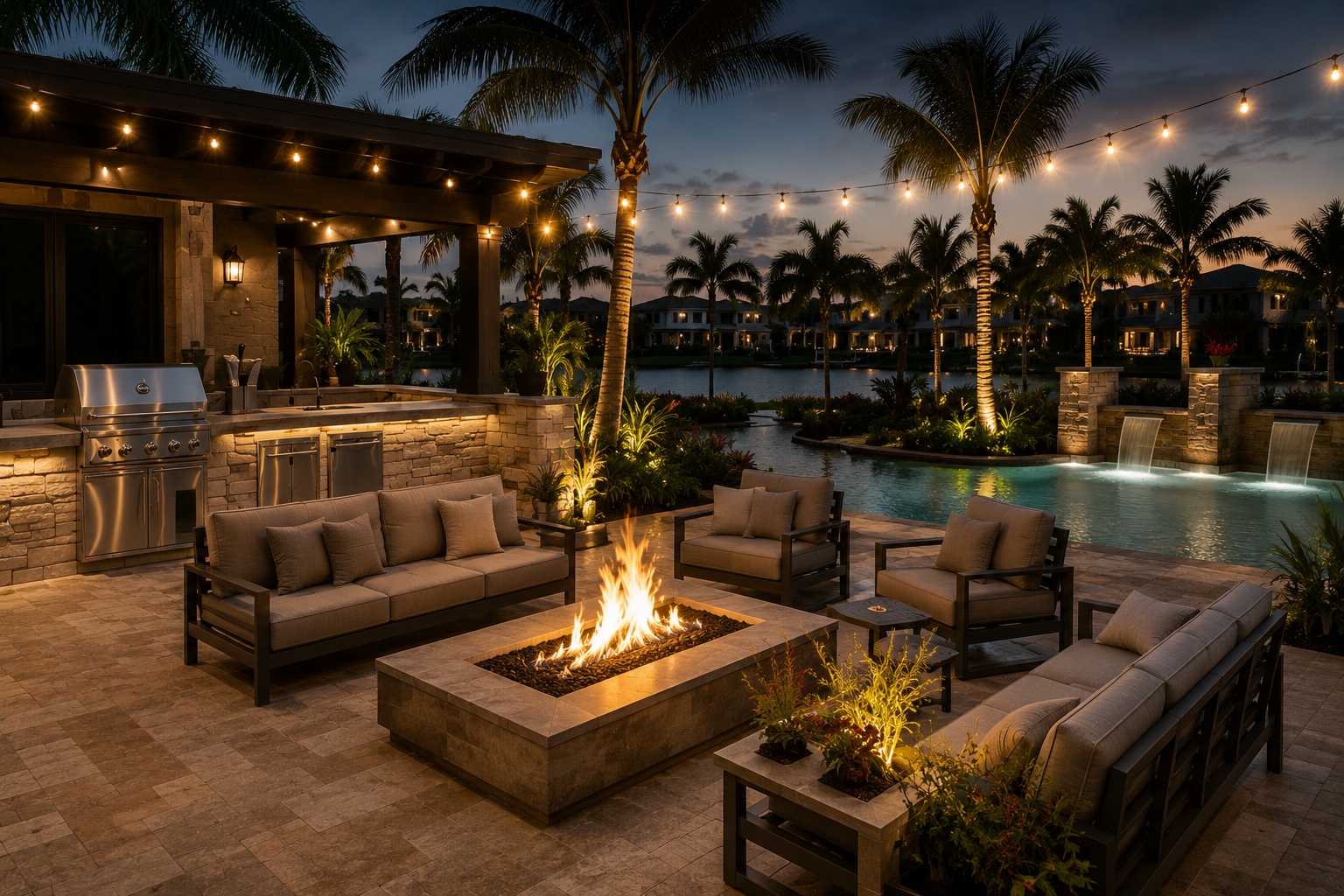 Resort-style outdoor living space with fire pit, pool and outdoor kitchen