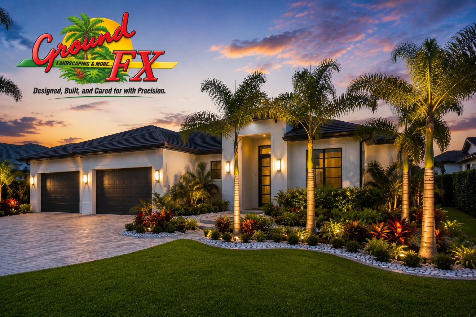 Luxury South Florida estate at sunset with professional landscape lighting by Ground FX
